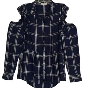 DIZZYLISSY COLD SHOULDER PLAID PRINT BABY DOLL BUTTON DOWN SIZE LARGE